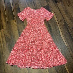 Free People In Full Bloom Midi Floral Sun Dress Red Smocked Boho Cottagecore S